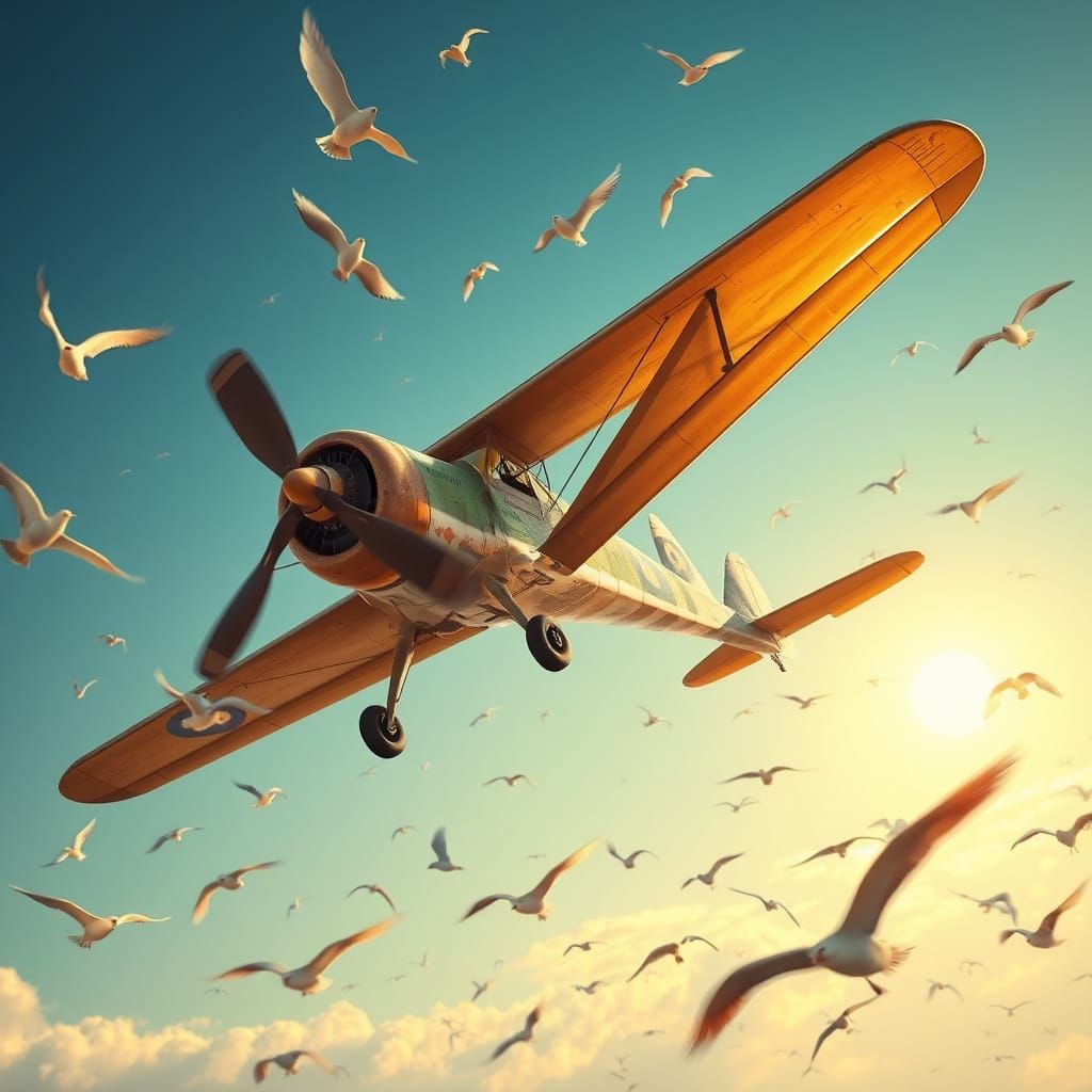 un avion antiguo de helice volando con pajaro alrrededor  by @Image_lover1