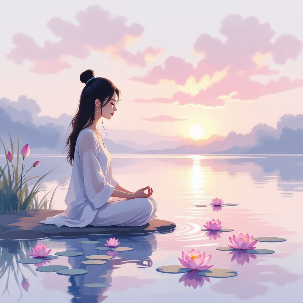 A peaceful woman sitting cross-legged near a calm lake at sunrise, soft pastel sky, gentle ripples on ...  by @Sheetal
