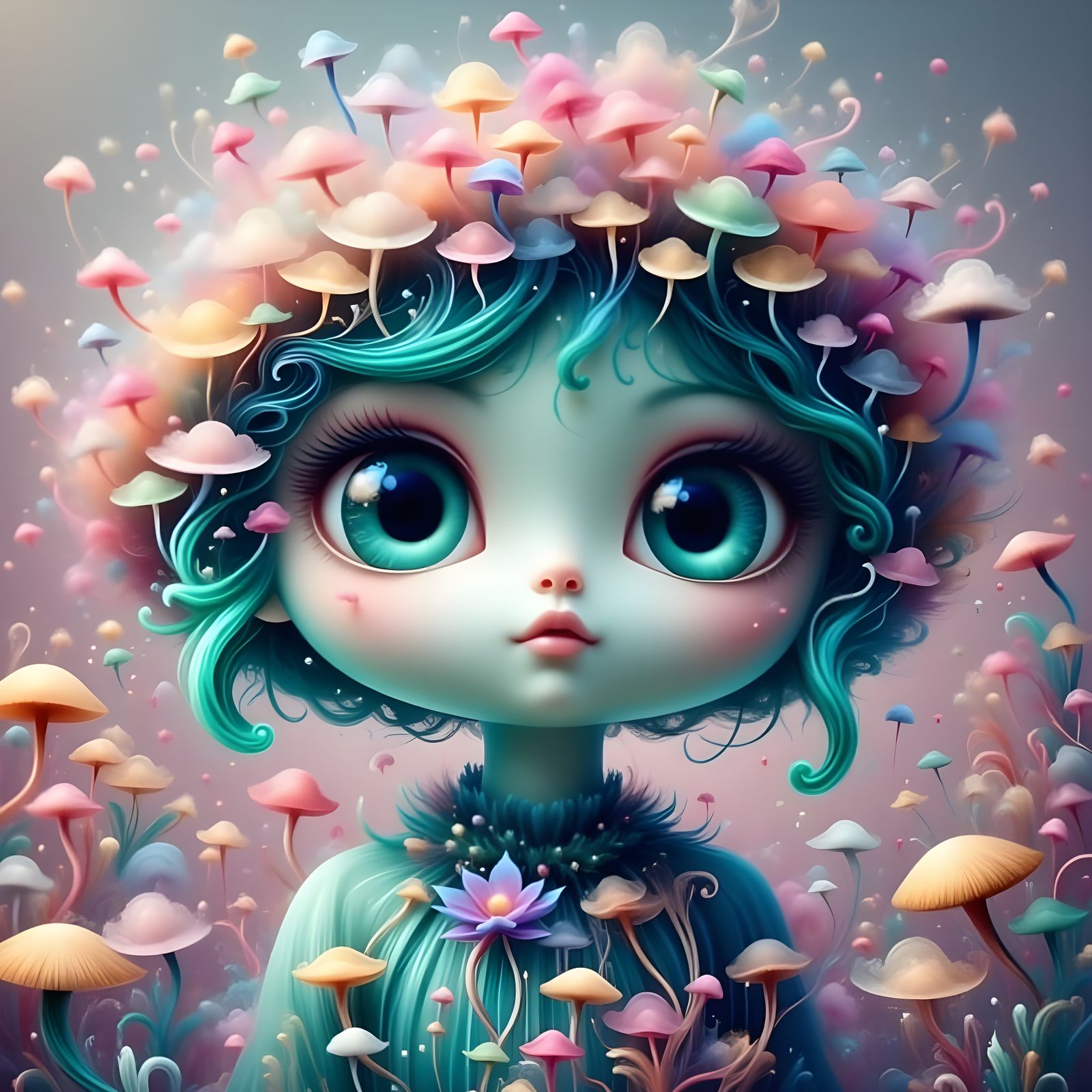 Chibi Girl in Floral Dress Amidst Mushrooms, Hayao Miyazaki ...