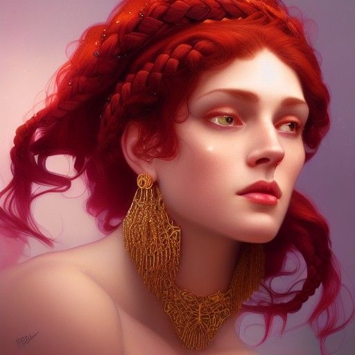 pale woman with thick red hair and lots of elaborate braids,...