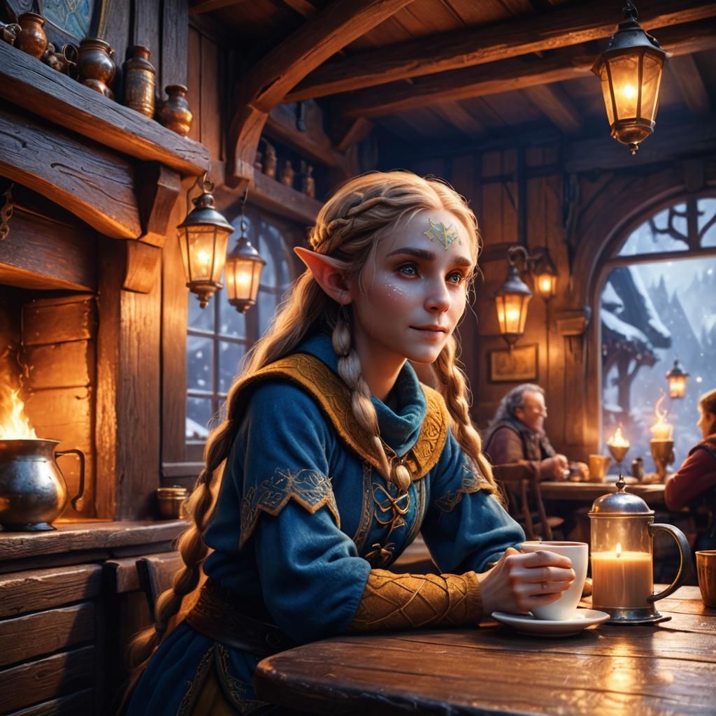 Elf Enjoying Latte in Cozy Tavern