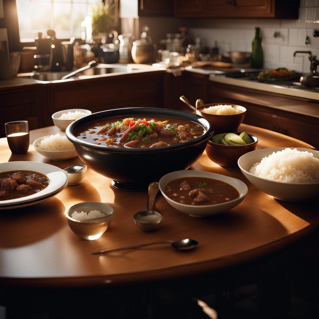 Big bowl of gumbo on top of rice, on a kitchen table, family...