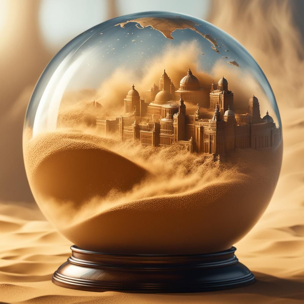 Sandstorm in Glass Globe: Hyperrealistic Splash Art