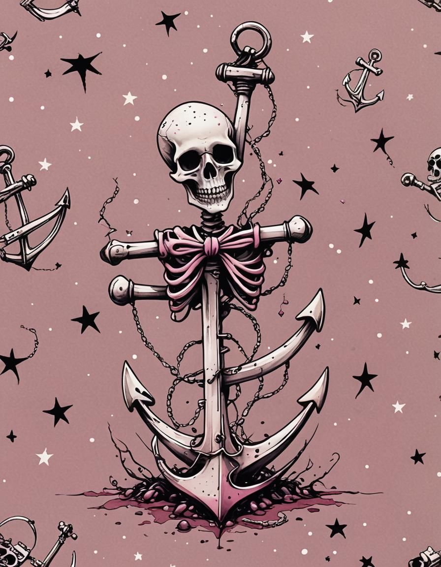 Skeleton anchor,pink tones, star falling down, Tim Burton vi...