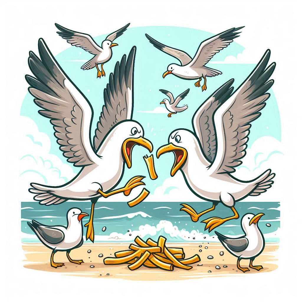 Cartoon seagulls fighting over food