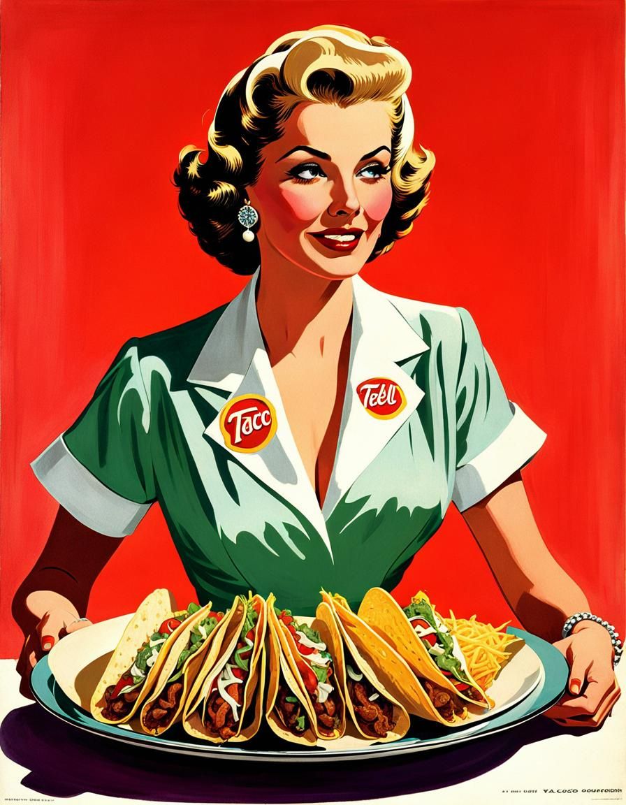 retro 1950's Advertisement; A woman holding platter of tacos...