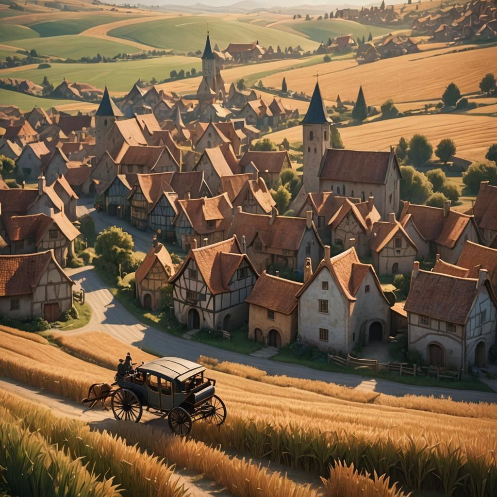 Idyllic Village Scene in Fantasy Watercolor Style