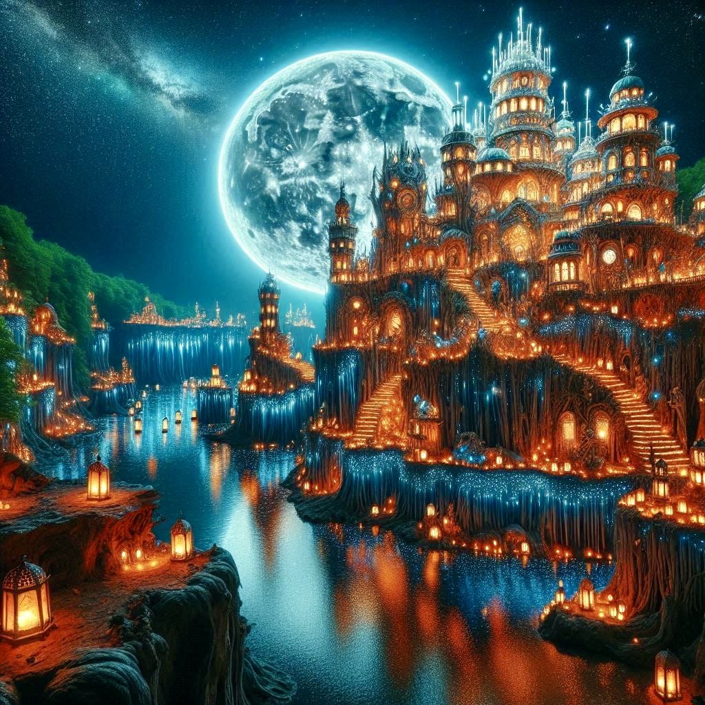 “Moonlit Thrones of Elowyn”
A luminous kingdom carved into the cliffs of twilight, bathed in the glow of a colossal m...