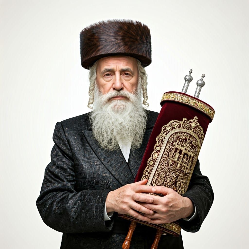 Elderly Rabbi in Traditional Finery Holds Torah Scroll
