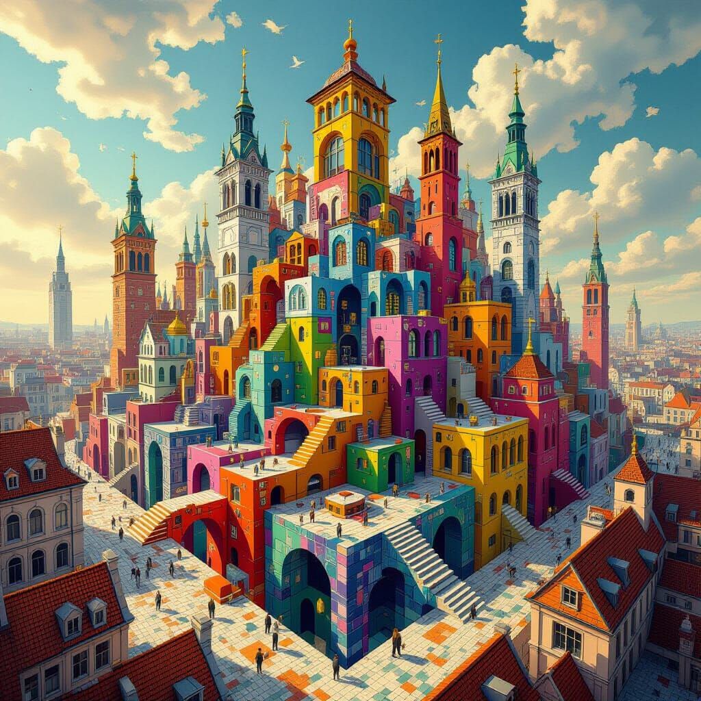 Surreal Cityscape with Impossible Geometry in Vibrant Colors