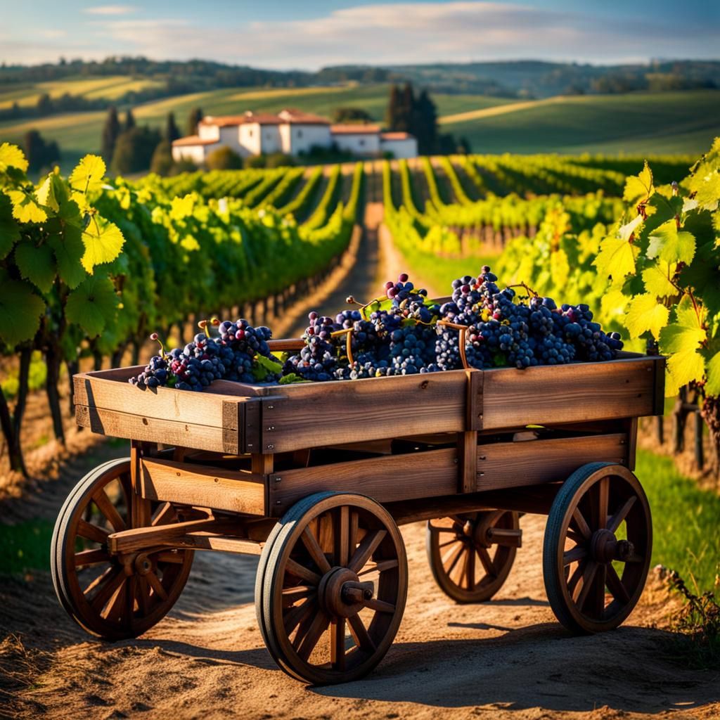 The wooden cart is full of grapes.  by @Bai