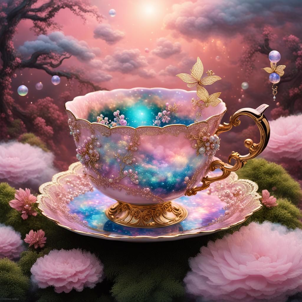 Tea cup Universe, sky, pink clouds, gas swirls, Flowers, tre...