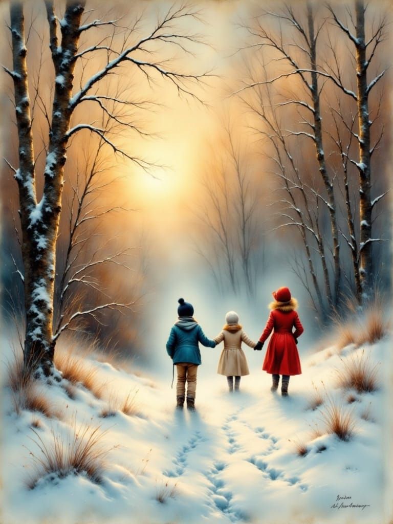 Children Sledding Down Snowy Hill at Sunset