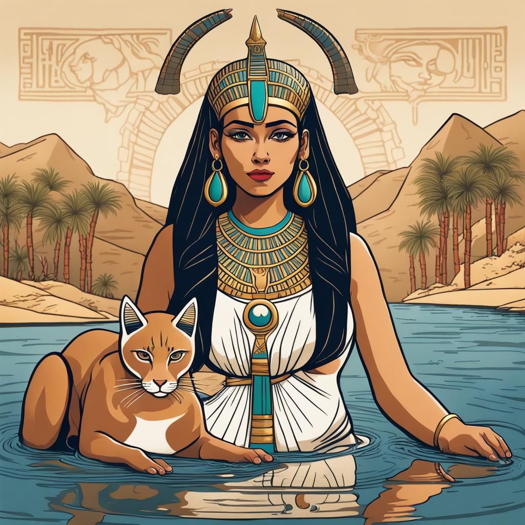 beautiful curvy Egyptian goddess bathing in a riverbank holding a ...