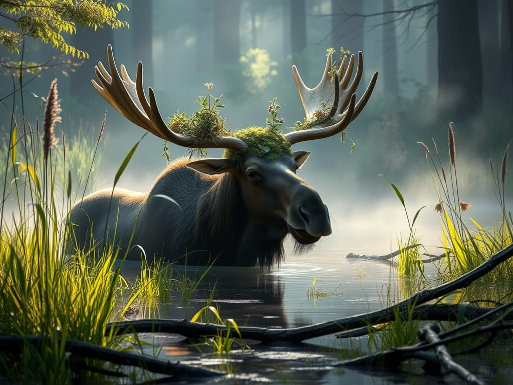 A moose stands in a misty swamp  by @DaveyJ