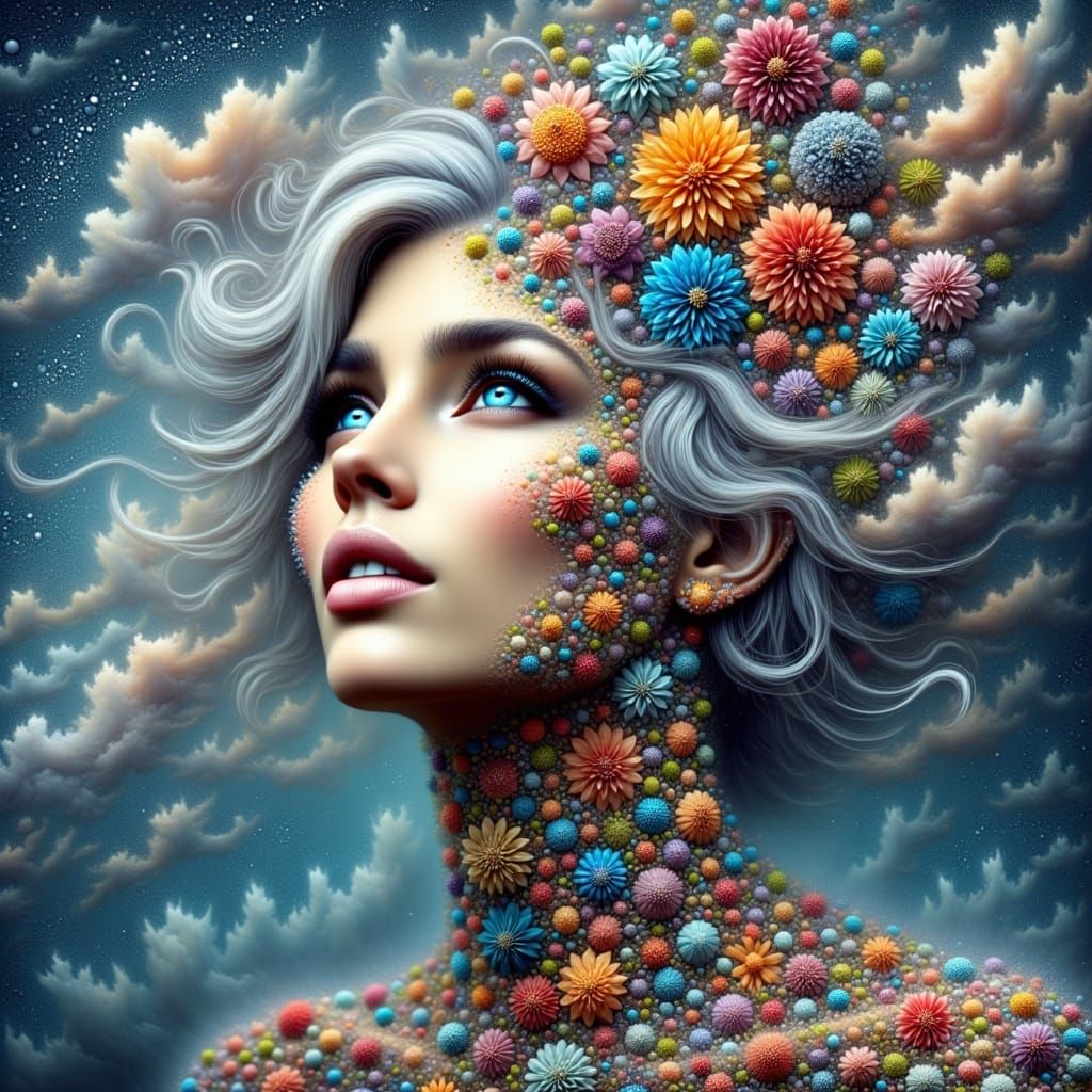 <lora:WonderPortrait:1.0>Gorgeous woman's face with blue eyes surreal with silver hair with mixed media smoke and colorful flowers. Intricat...