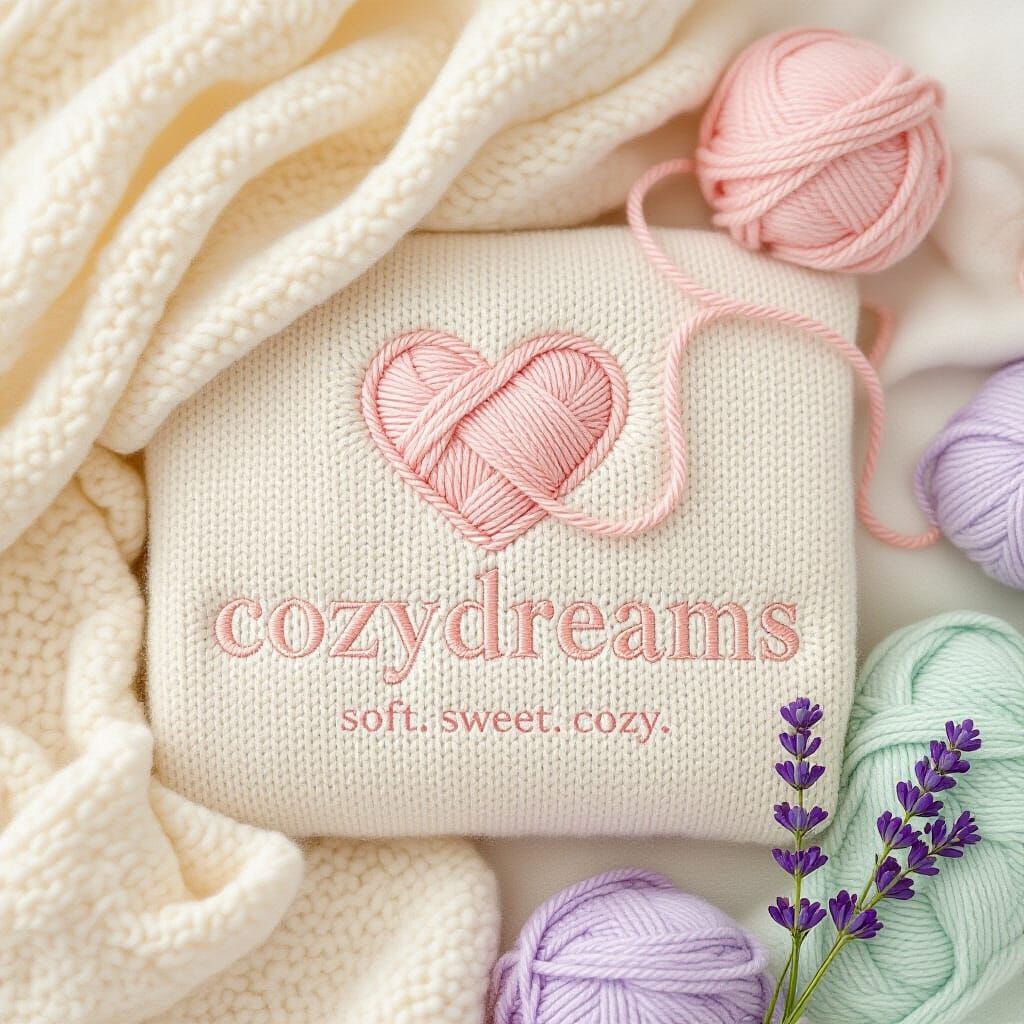 “Logo design for a cozy sweater brand called Cozy Dreams. Minimalist, soft, and elegant style. Main symbol: embroidered heart made of yarn, ...