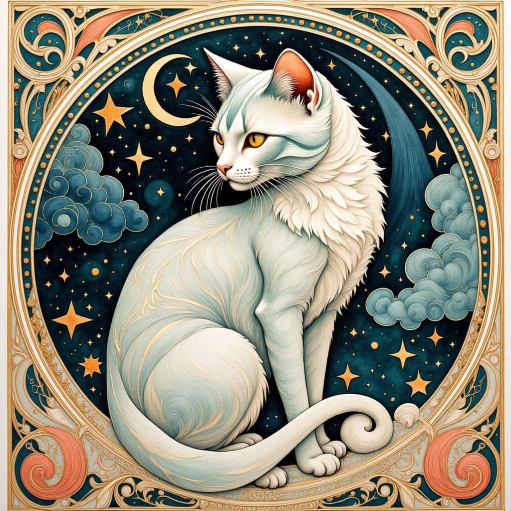 <lora:Catphonse Meowcha:1.0> Stylized full body image of a cat, highly detailed, painted in a water colour painting style with visible brush...