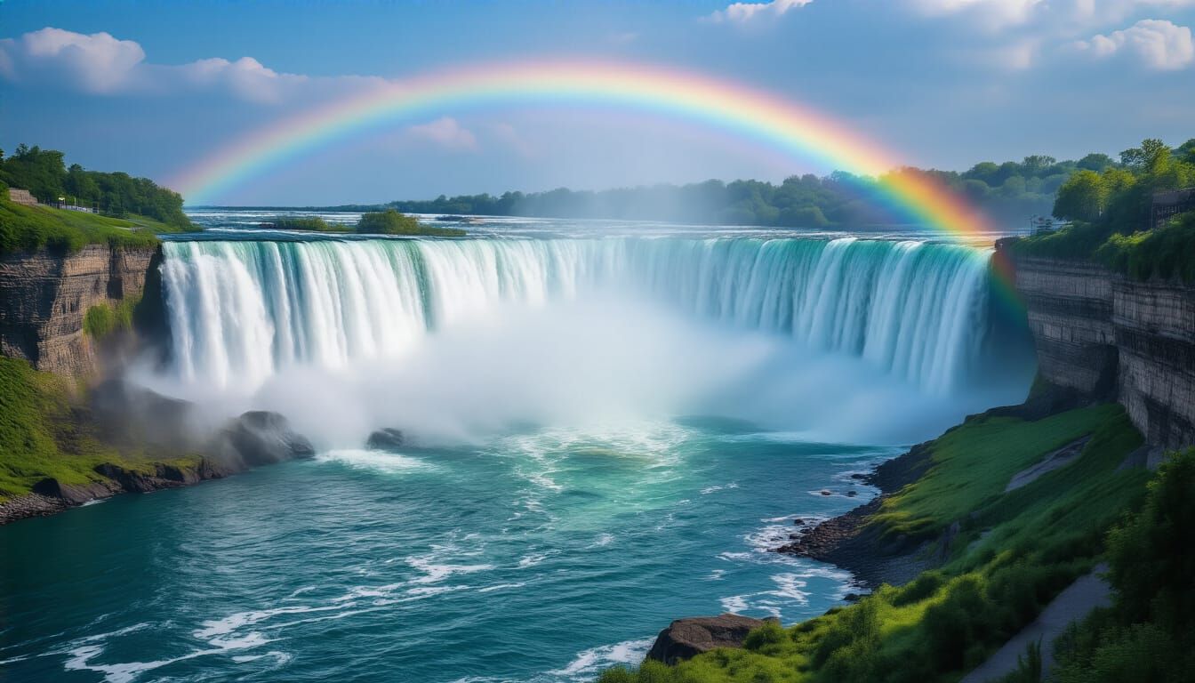A breathtaking view of Niagara Falls, with the roaring water cascading down the cliffs, surrounded by mist and rainbows, creating a mesmeriz...
