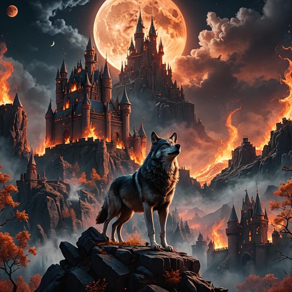 wolf howling to the full moon. Landscape castle in flames