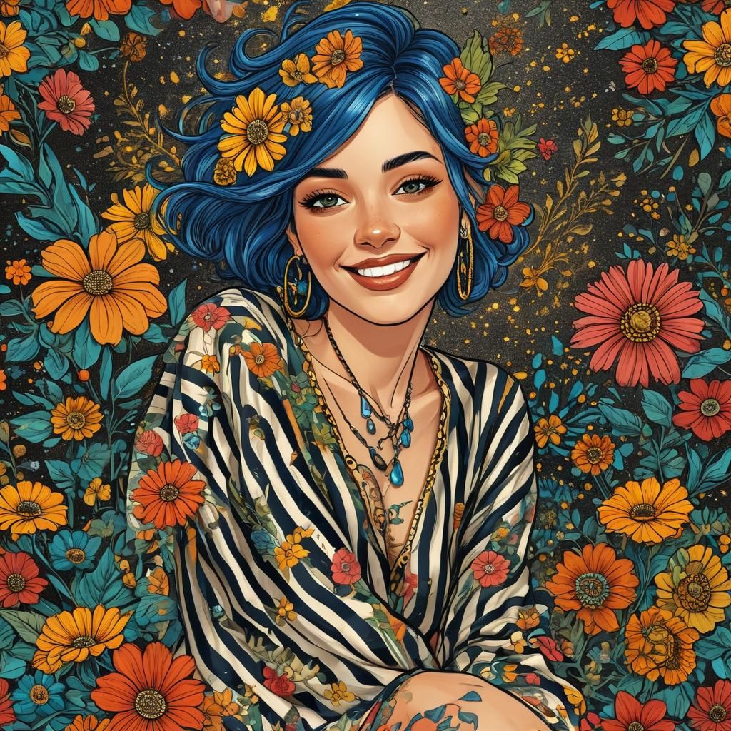 Tattooed Woman Portrait with Flowers in Digital Impasto Styl...