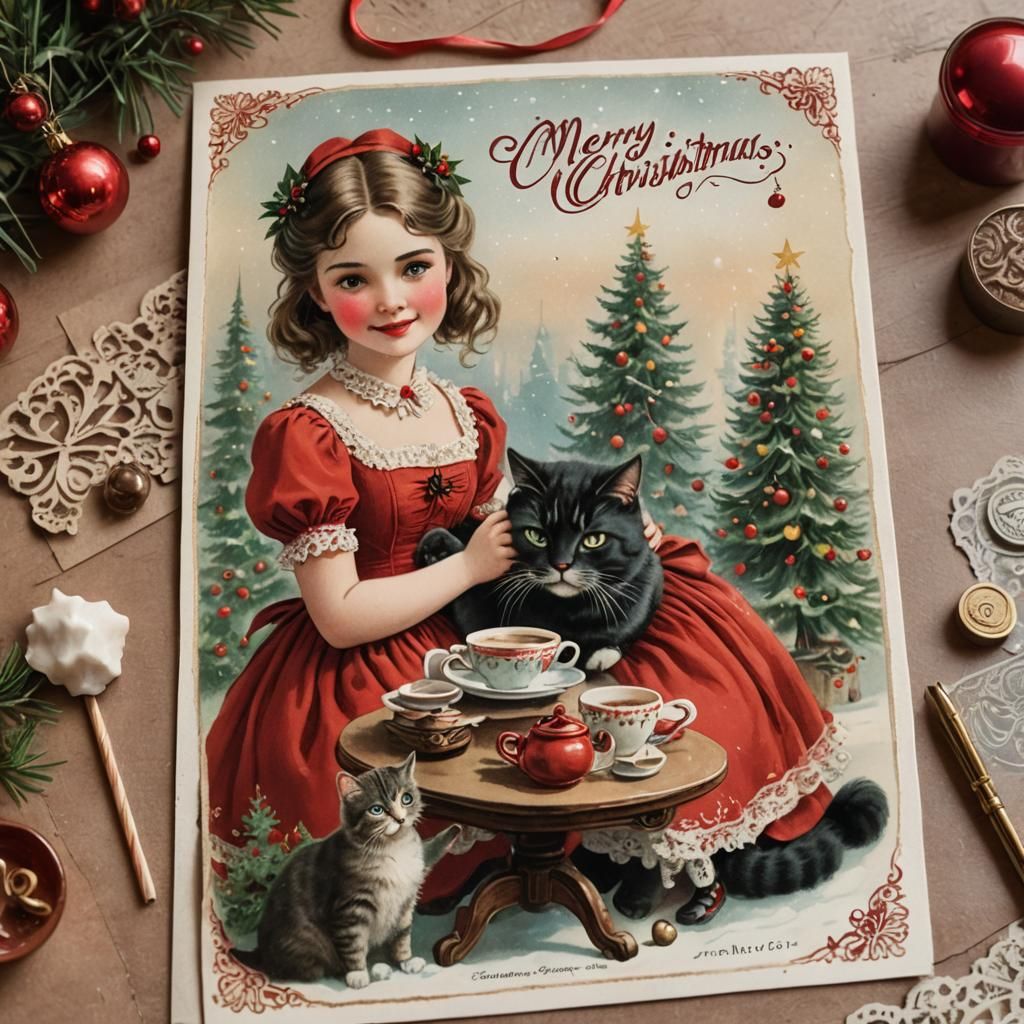 "Close up of a Vintage Postcard on a table, featuring a girl in a red dress hugging a fat  annoyed cat ...  by @MssVoid