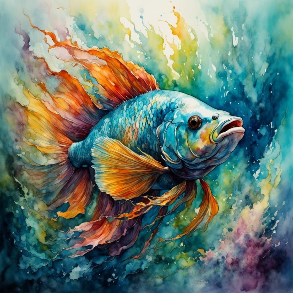 <lora:WatercolorSplash:1.0> Beta fish, realistic, luminous, symmetry perfect composition 