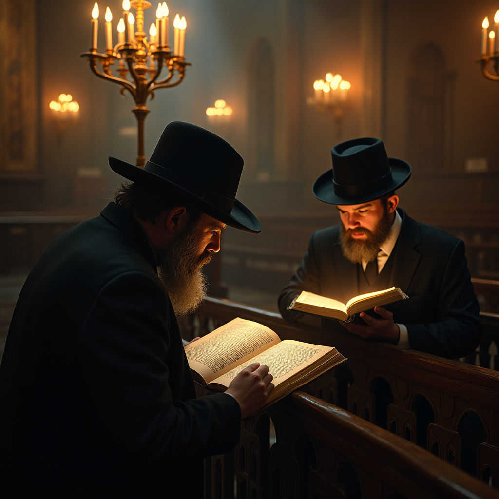 Hasidic Jews in Devout Study Within Ancient Synagogue