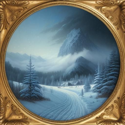 Winter Landscape Painting in Carved Wooden Frame