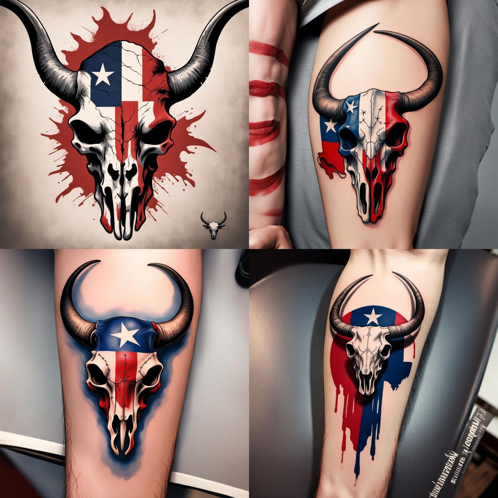Texas flag-themed tattoo featuring a stylized longhorn skull...