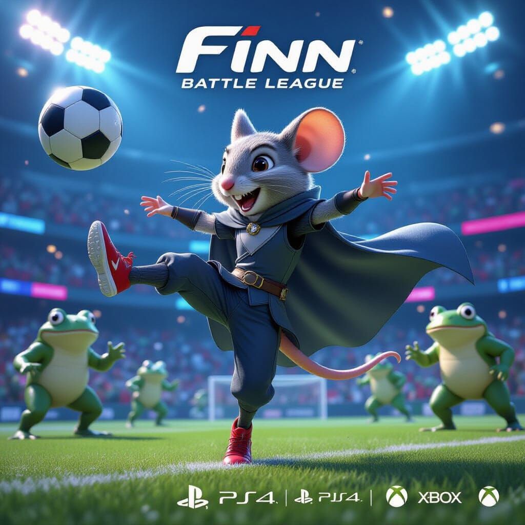 Video game cover art for PlayStation 4 and Xbox One. Sports simulation style. Finn, the anthropomorphic mouse hero in a sporty outfit but st...