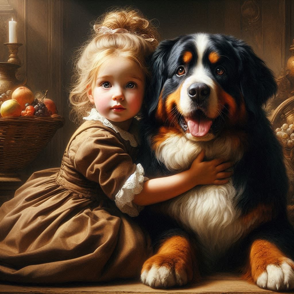 bernese mountain dog. rembrand style painting