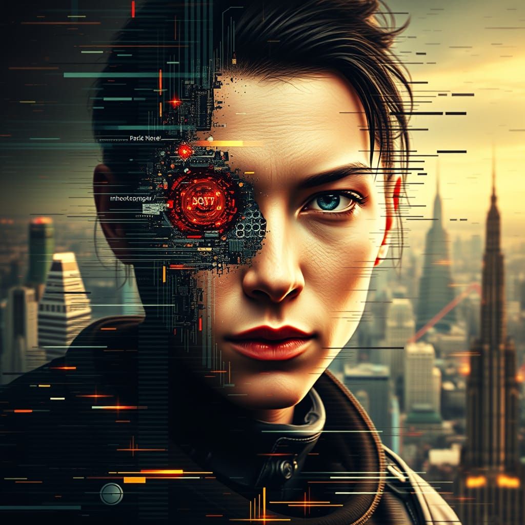 A portrait of a futuristic soldier whose face is dissolving into static, revealing glimpses of circuitry ...  by @Crush1980