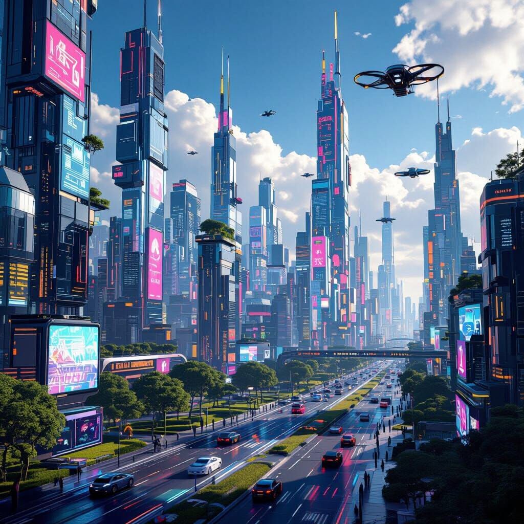 A futuristic city called EcoLumis, where advanced technology and sustainability merge seamlessly. The skyline is dominated by sleek, ultra-m...
