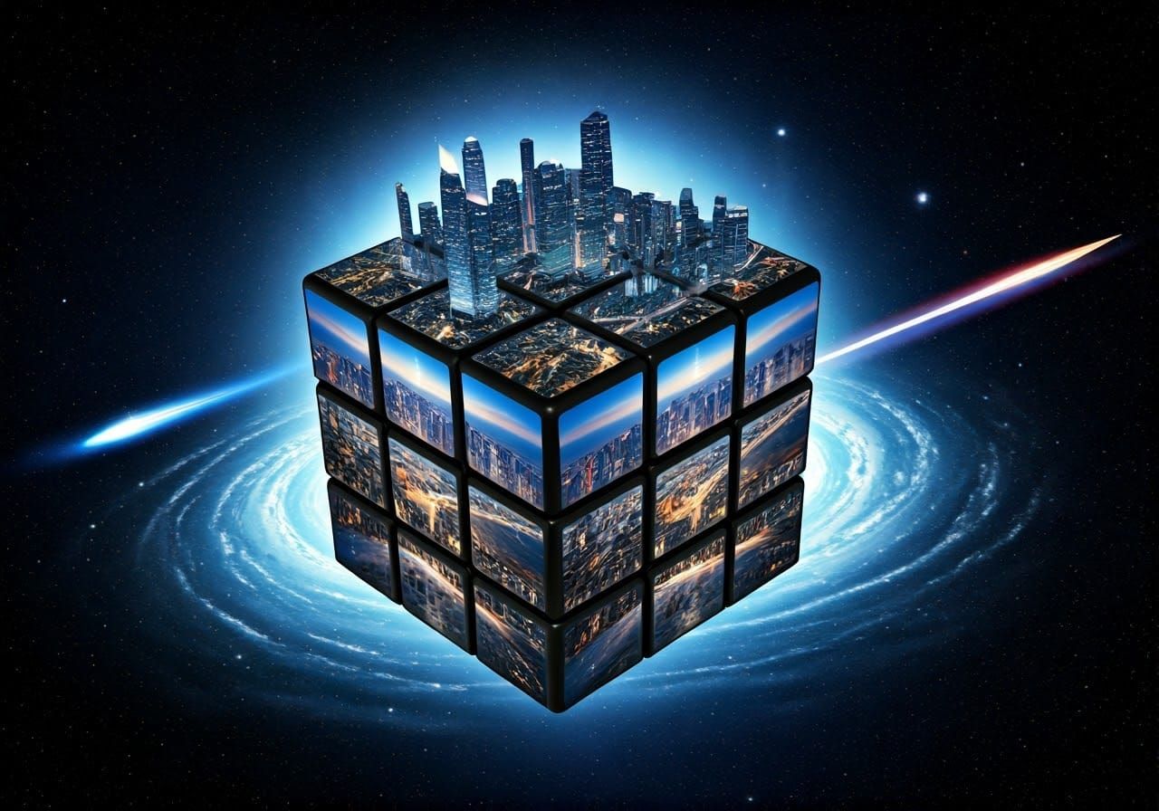 Futuristic mega city inside a Rubik's cube in space