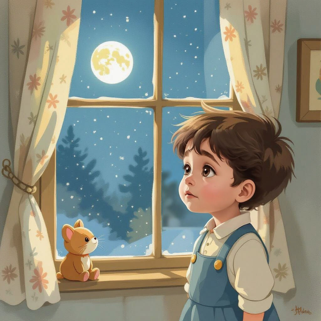 Child Gazing at Moon Through Window at Night