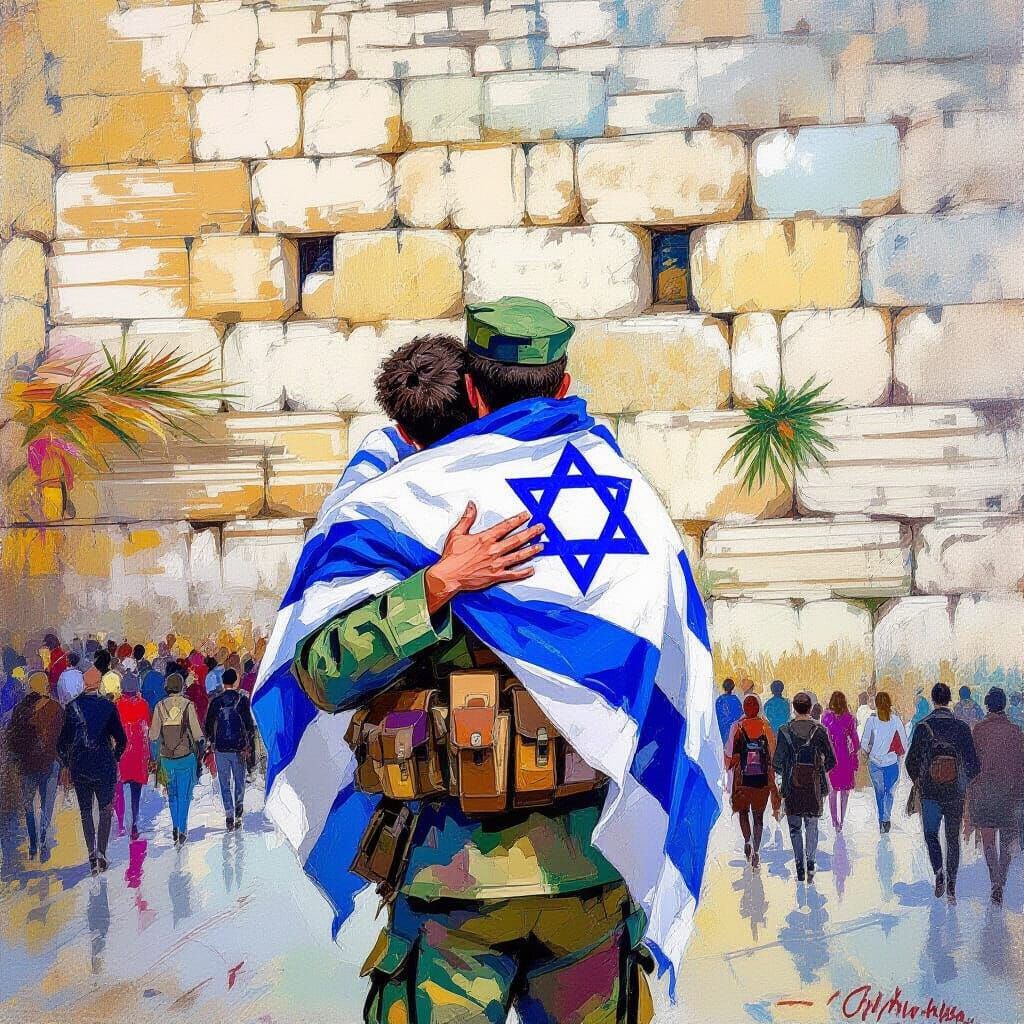 Jewish Soldier's Embrace: Western Wall Art