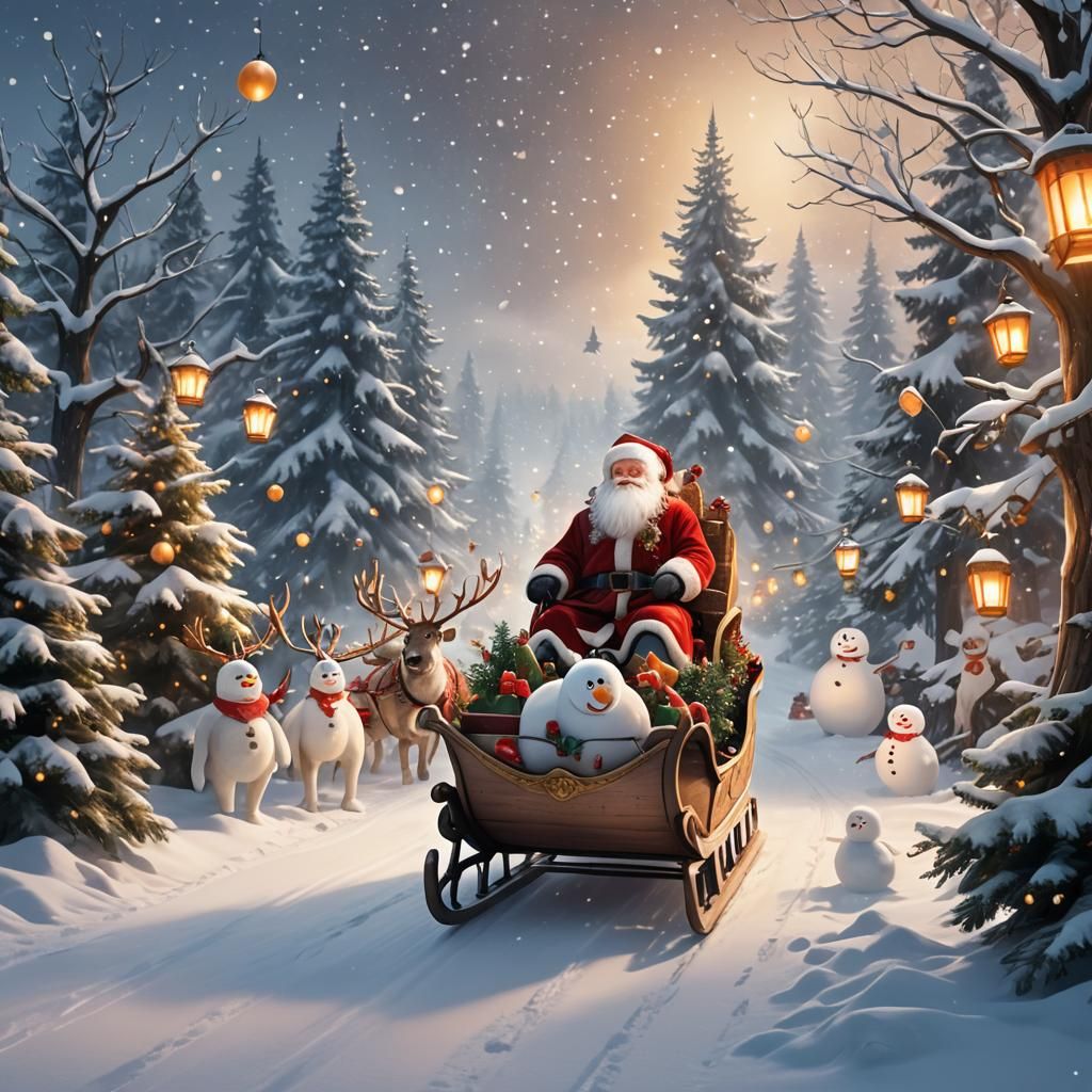 Sur un fond blanc enneigé, un Père Noel sur son traineau, des sapins de Noel et des bonhommes de neige