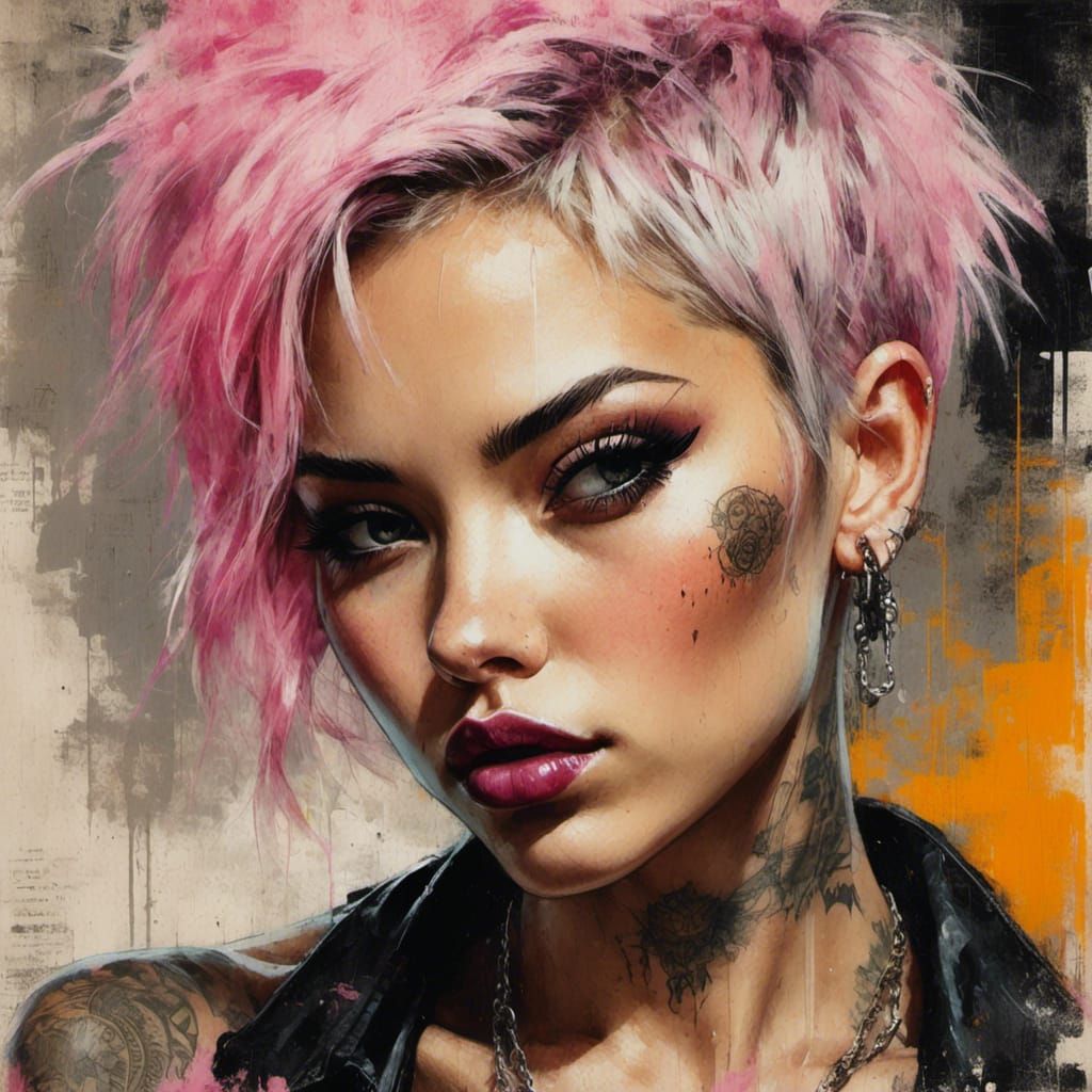 <lora:Grunge-Poster:1.0>a female punk rocker with short pink...