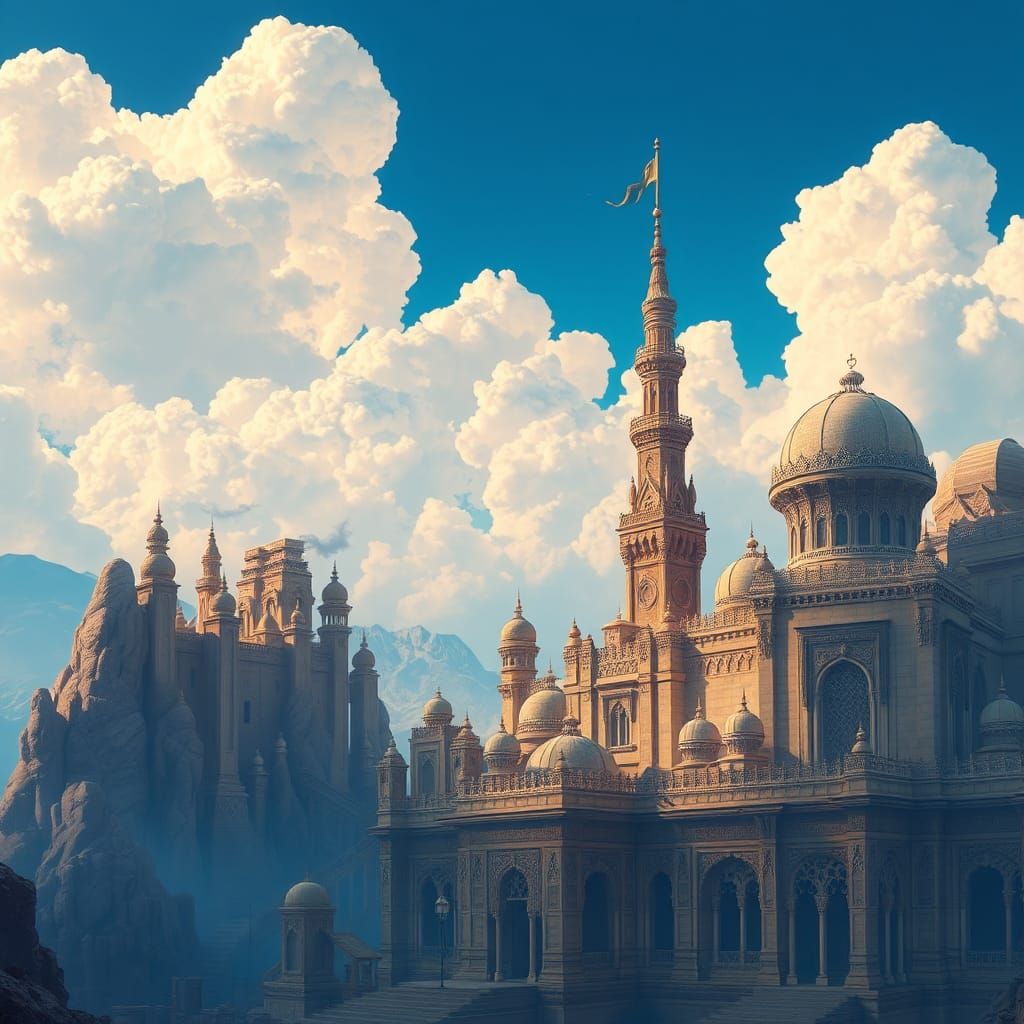 Majestic Palaces and Crystal Spires in Atmospheric Landscape