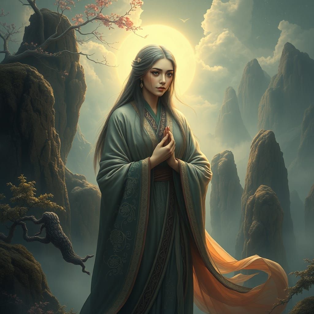 Mystical Hime in Art Nouveau Fantasy Landscape