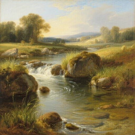 "Breezes softly caress the murmuring streams."