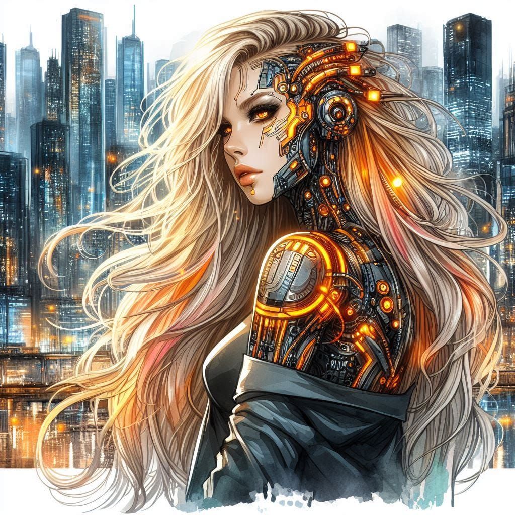 Orange Topaz Cyborg and her Futuristic City