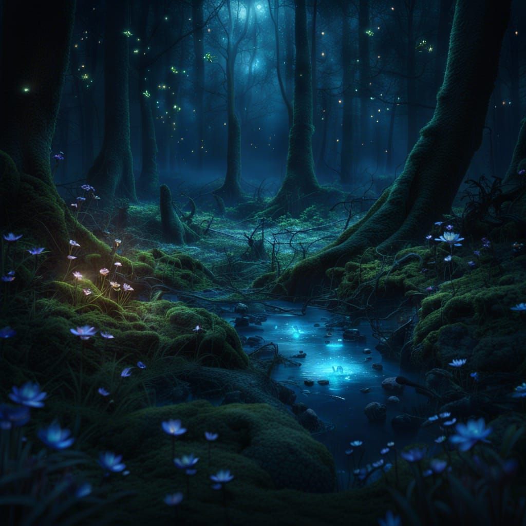 Beautiful dense forest at night with bioluminescent moss, flowers and ...