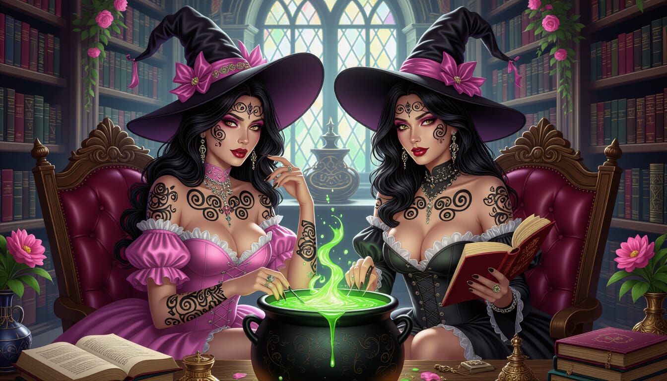 two beautiful evil looking witches with black swirling tattoos covered their face and bodies, in frilly ...  by @Kindly Offer