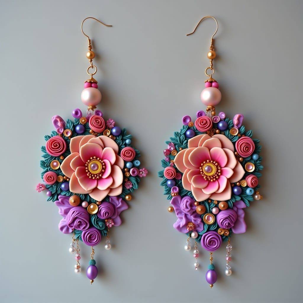 Polymer clay earrings with bright colored beads, pearls, crystals, wire, and chain.

<lora:Making Jewelry:1.0>