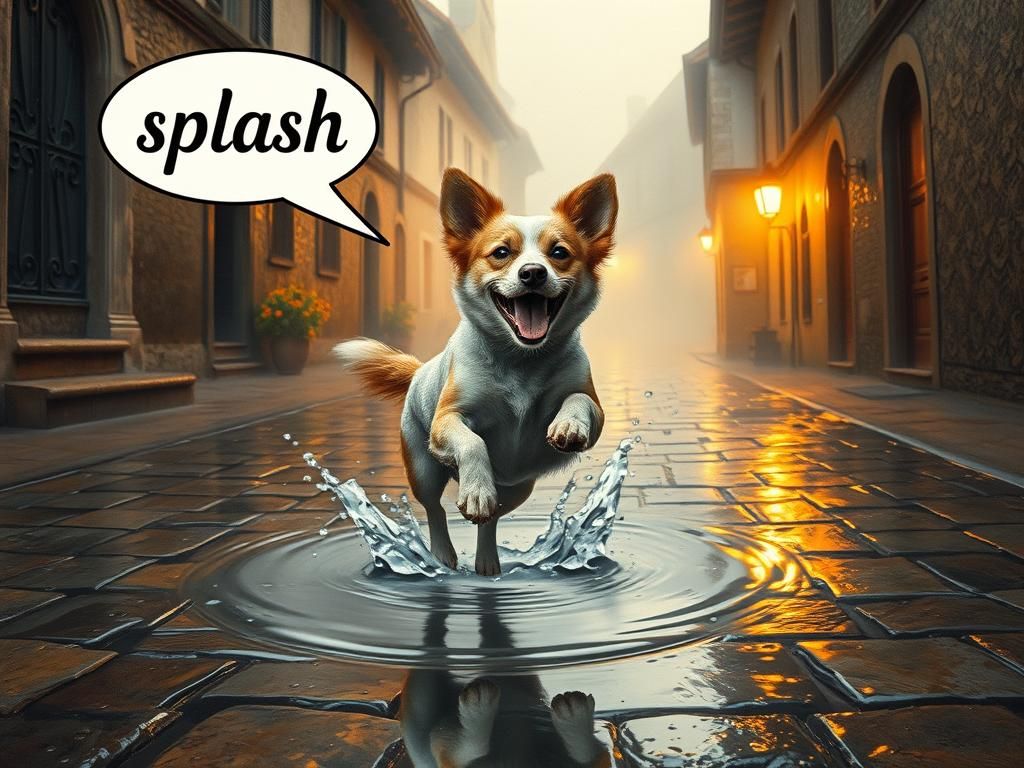 dog jumping in puddle