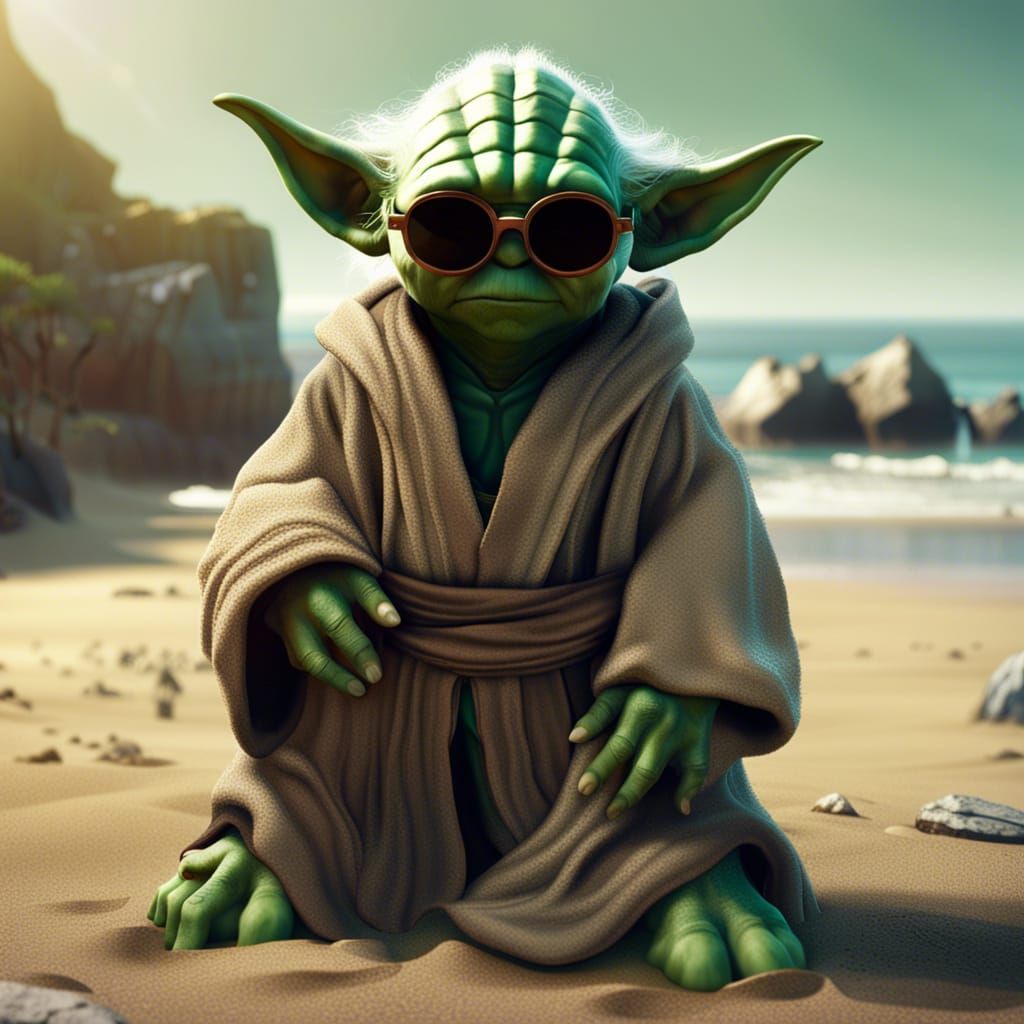 Yoda at the beach wearing sunglasses