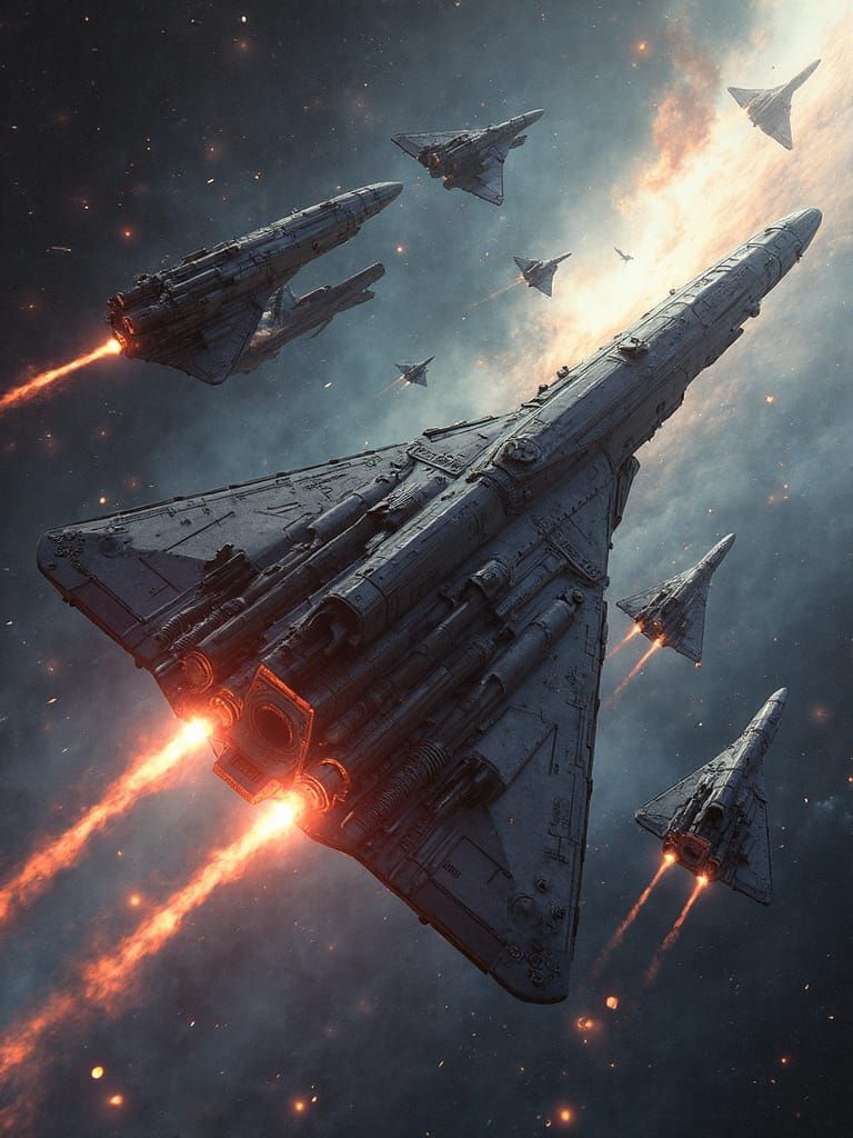 Sci-fi concept art. Medium shot. A massive, sleek spaceship fire weapons at another, arrow-shaped spaceship. Small spacecraft swarm the larg...