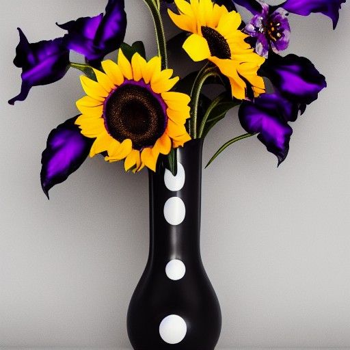 cracked Black vase with black purple and black sunflowers wi...